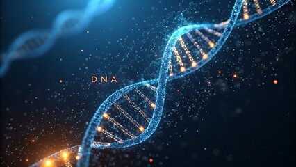 Abstract glowing blue digital dna double helix structure with particles and light effects on a dark background representing genetic science and biotechnology concept