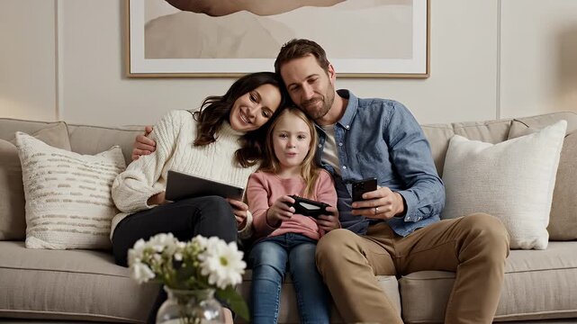 Happy Family Playing Video Games Together on Sofa with Daughter Holding Controller and Parents Using Devices