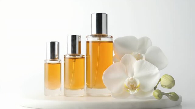 Three Glass Perfume Bottles With Golden Liquid And White Orchid Flower On Marble Stand White Background Studio Lighting