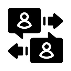Communication dialogue speech bubble depicts person icon with arrows. Suitable for social media posts, infographics, presentations, business communication visuals.

