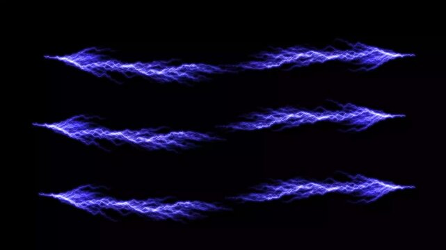 Lightning power overlay on black screen, animated electric pulse thunderbolt effect, realistic night sky thunderbolt animation with multiple blue lightning branches transparent alpha channel overlay
