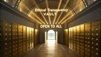 Ethical Transparency Vault Concept with Open Doors and Illuminated Interior for Secure Storage of Important Assets