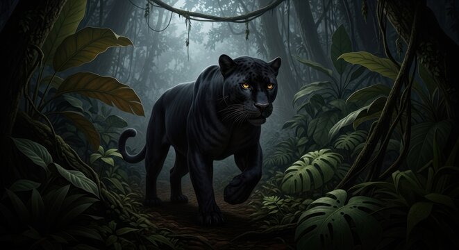 Mysterious black panther with glowing eyes stalking through a dark jungle.