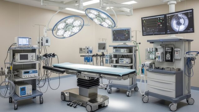 Advanced medical operating room equipped with state-of-the-art technology and sterile instruments, ready for complex surgical procedures in a modern hospital setting
