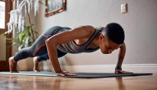 Focused African American man in athletic wear performing a push-up on a yoga mat, engaging in a home workout for strength and endurance