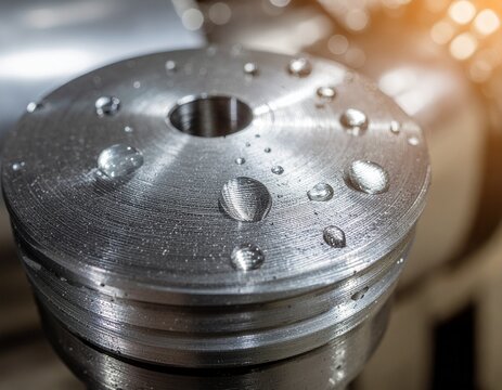 Precision manufacturing shines with water droplets highlighting the texture of a metal component, perfect for industrial design or engineering visuals