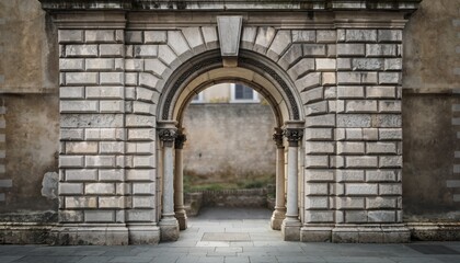 An ancient stone archway featuring classical architectural elements and robust columns forming a timeless entrance