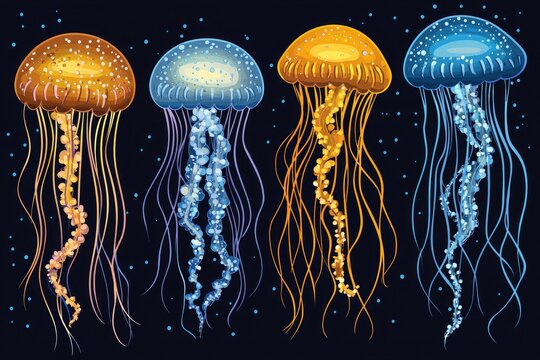 cartoon jellyfish in dark sea scene, multi-angle views with blue, yellow, orange, and white colors, isolated on black background
