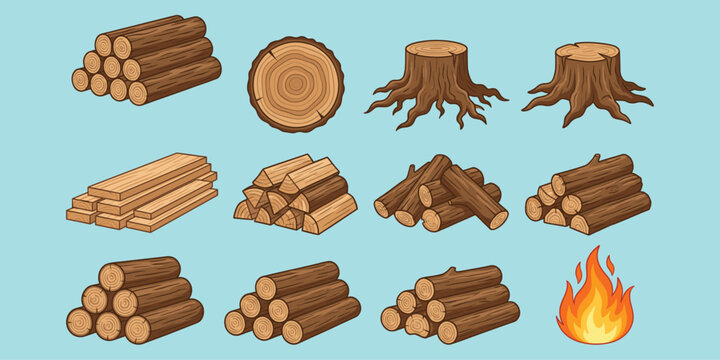 Wood logs, tree stumps, lumber stack, firewood pile, flame icon, forest resources, timber elements, cartoon style, flat vector illustration