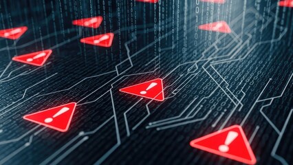 Cybersecurity threat alert featuring red warning symbols on a digital background of binary code, showcasing data breach and system vulnerability concerns