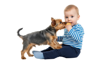 Cute baby boy in striped shirt sharing biscuit with small dog isolated on transparent background