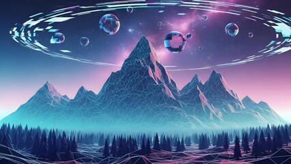 Neon Digital Mountainscape with Sci-Fi Elements.
A futuristic, stylized landscape featuring polygonal, wireframe mountains under a vibrant, nebula-filled night sky. Abstract, glowing digital orbs and