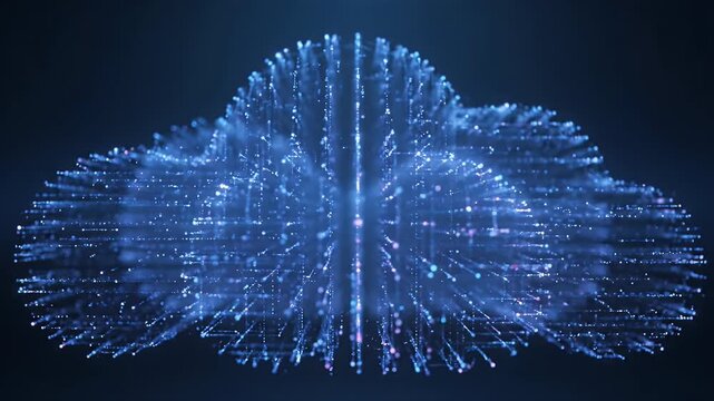 Abstract Digital Cloud Formed By Blue Glowing Particles And Lines On A Dark Background With Subtle Pink Accents