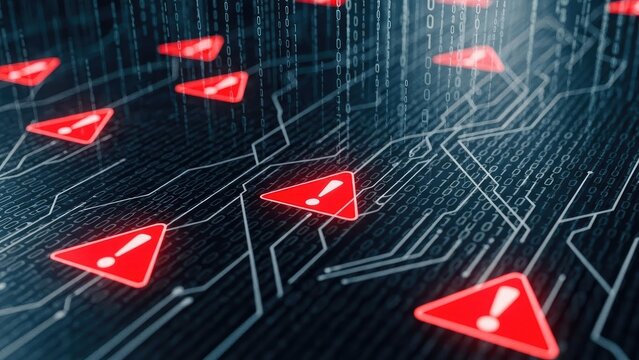 Cybersecurity threat alert featuring red warning symbols on a digital background of binary code, showcasing data breach and system vulnerability concerns