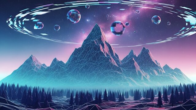 Neon Digital Mountainscape with Sci-Fi Elements.
A futuristic, stylized landscape featuring polygonal, wireframe mountains under a vibrant, nebula-filled night sky. Abstract, glowing digital orbs and - Powered by Adobe