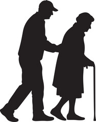 Man helping elderly woman with a cane, isolated on