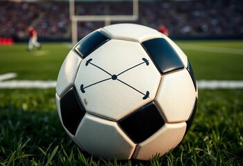 Close-up of football on a field, game strategy marked on the ball,  special teams,  play