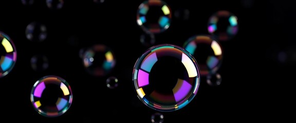 Close-up of iridescent soap bubbles floating on dark background, delicate, photography