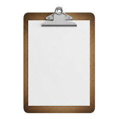 Classic wooden clipboard with blank white paper for your text isolated on transparent background