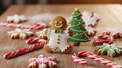 Delightful gingerbread man cookie with sweet candy canes and a festive Christmas tree cookie evokes holiday joy for baking promotions and seasonal designs