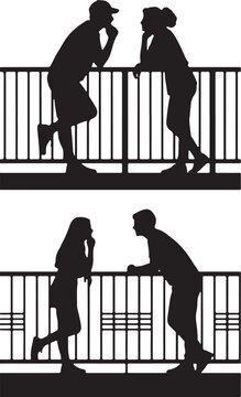 Silhouettes of couples leaning on a railing, isolated on
