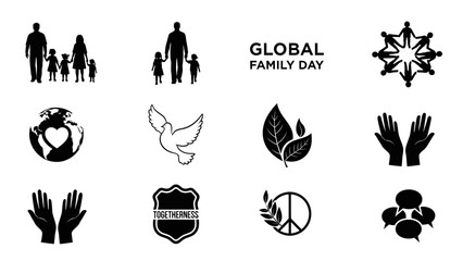 A collection of black and white icons celebrating Global Family Day, symbolizing peace, unity, and family.