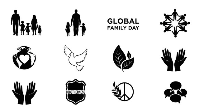 A collection of black and white icons celebrating Global Family Day, symbolizing peace, unity, and family. - Powered by Adobe