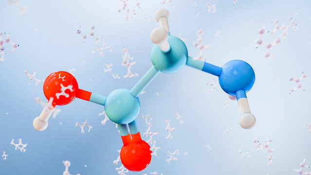 glycine molecule showing its chemical and skeletal structure, atomic bonds, and molecular formula C2H5NO2. Educational biochemistry concept representing amino acids, protein synthesis, 3d render