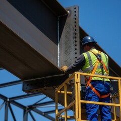Ironworker erecting structural steel beam on construction site.