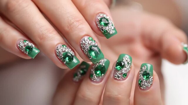 Close Up Of Woman's Hands With Emerald Green Nails Adorned With Silver Filigree And Large Green Gemstones