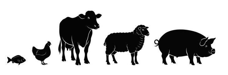 Farm Animals Lineup Fish Chicken Cow Sheep Pig Black Silhouettes