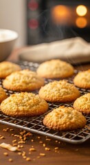 Golden Brown Coconut Macaroons Cooling on a Wire Rack.