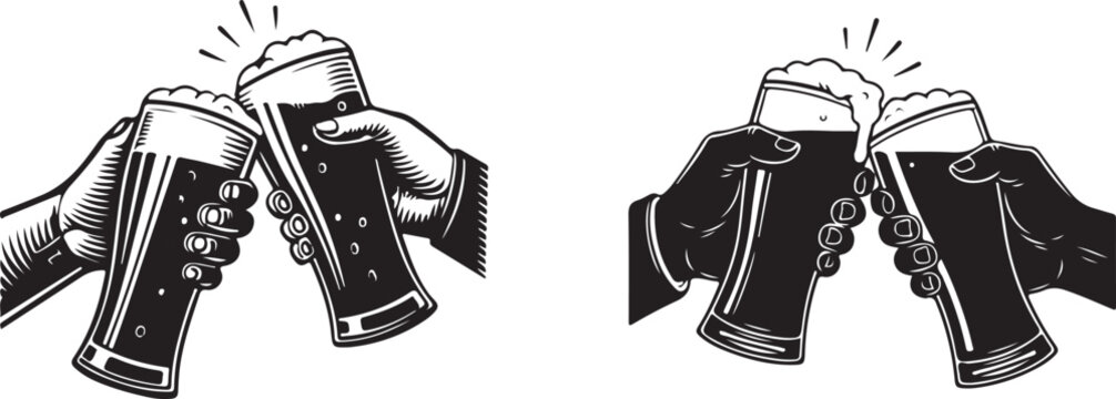 Hands toasting with beer glasses, vintage style illustration isolated on