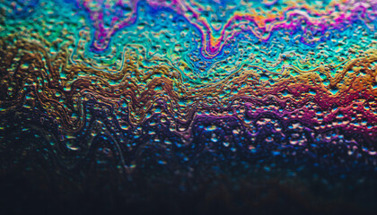 Obraz premium Abstract macro texture of a thin soap film surface displaying vibrant iridescent rainbow colors, flowing patterns, and light interference effects.