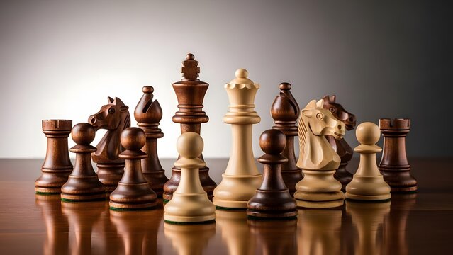 Wooden chess pieces arranged on a reflective surface