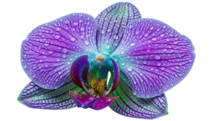 Purple striped orchid flower with fresh water drops macro detail isolated on transparent background