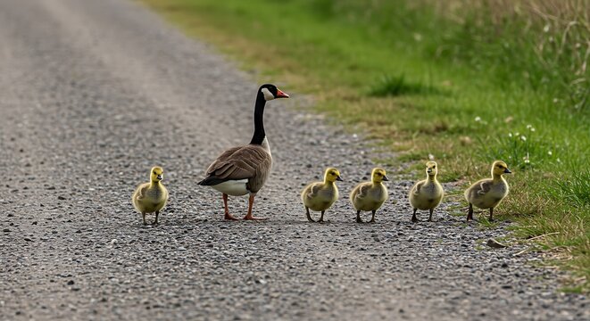 Mother goose and her goslings walking along a gravel road, with green grass beside