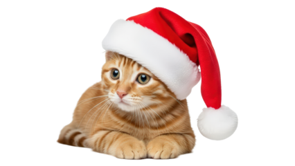 Adorable ginger tabby cat wears festive red santa hat for holidays. isolated on transparent background