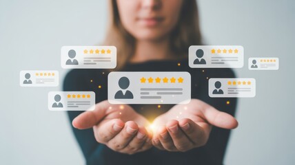 Digital Feedback: A woman delicately presents a series of digital customer ratings and reviews in an ethereal display, symbolizing service quality and customer satisfaction.