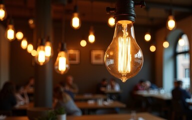 Caf&eacute; interior with vintage bulbs hanging and rustic dark ambiance in cozy social gathering space. High quality