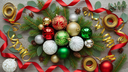 Festive christmas ornaments and evergreen branches create a vibrant holiday arrangement with red ribbon, gold glitter, pinecones, and rustic wood.