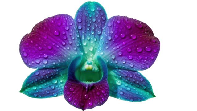 Vibrant purple and blue orchid flower with sparkling water droplets isolated on transparent background