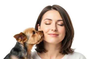 Smiling woman enjoys sweet affection from her beloved yorkie dog isolated on transparent background