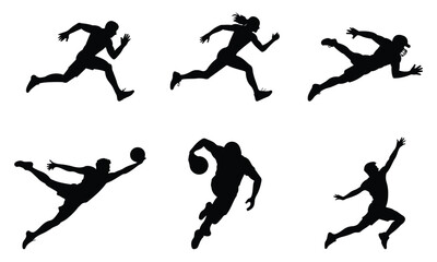 Set of dynamic athlete silhouettes in various running and sports action poses.