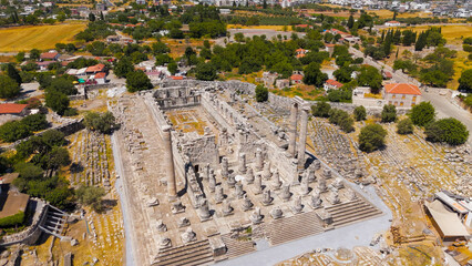 Didim, Turkey. Stone steps and entrance to Apollo Temple at Didyma with general view of the sanctuary. Aerial View