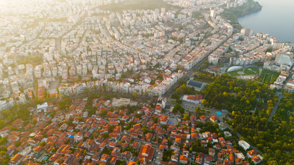 Obraz premium Antalya, Turkey. Aerial drone view showing historic Kaleici district, Kecili Park green space and modern city development in morning light.. Aerial View