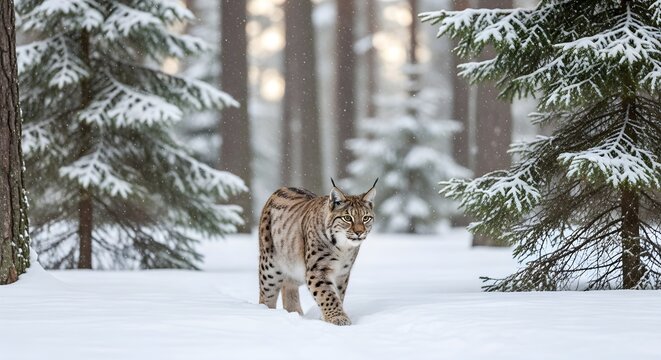 A stealthy lynx pads silently through a snowy conifer forest, tufted ears pricked and spotted coat blending with tree shadows, embodying grace, mystery, and the elusive presence of a top winter predat