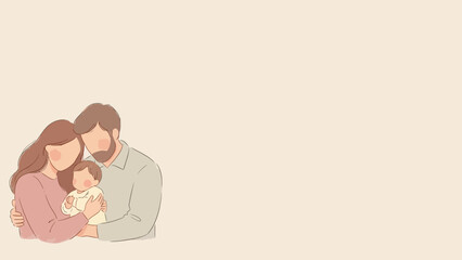A minimalist illustration of a loving family, a mother and father embracing their young child against a plain background.