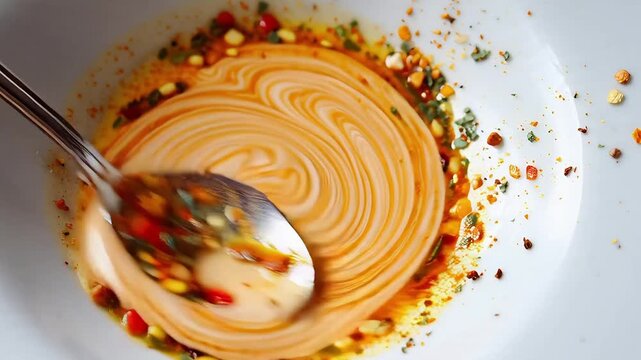 Vibrant close-up spoon gracefully blending rich creamy sauce, fiery chili flakes and aromatic herbs in a pristine white bowl, showcasing culinary preparation