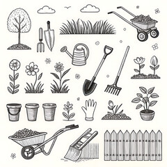 Collection of garden elements and tools in a hand drawn silhouette style